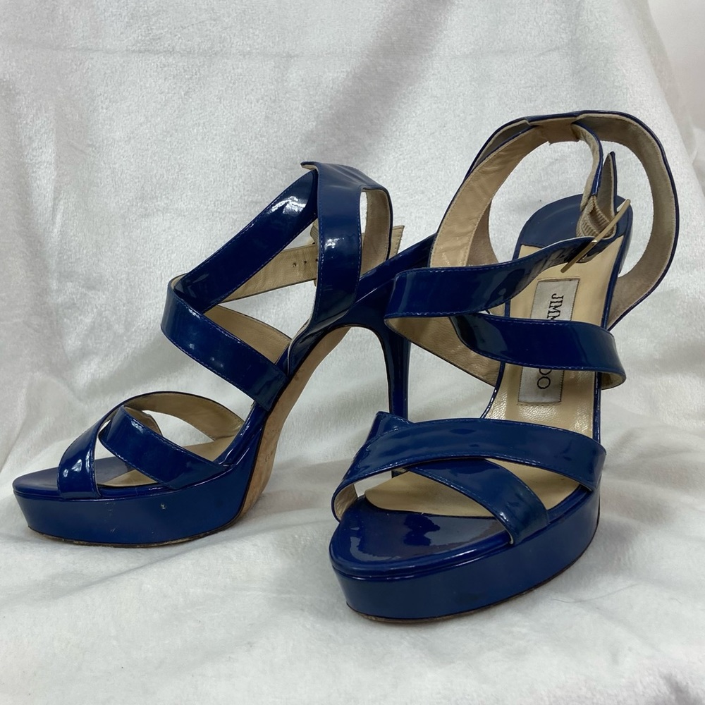 Jimmy Choo, blue patent leather strappy platform heels. 37/7